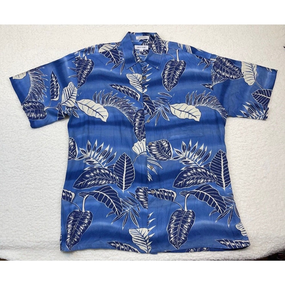 Pierre Cardin Mens Medium Button Down Hawaiian Tropical Palm Leaf Rayon Shirt